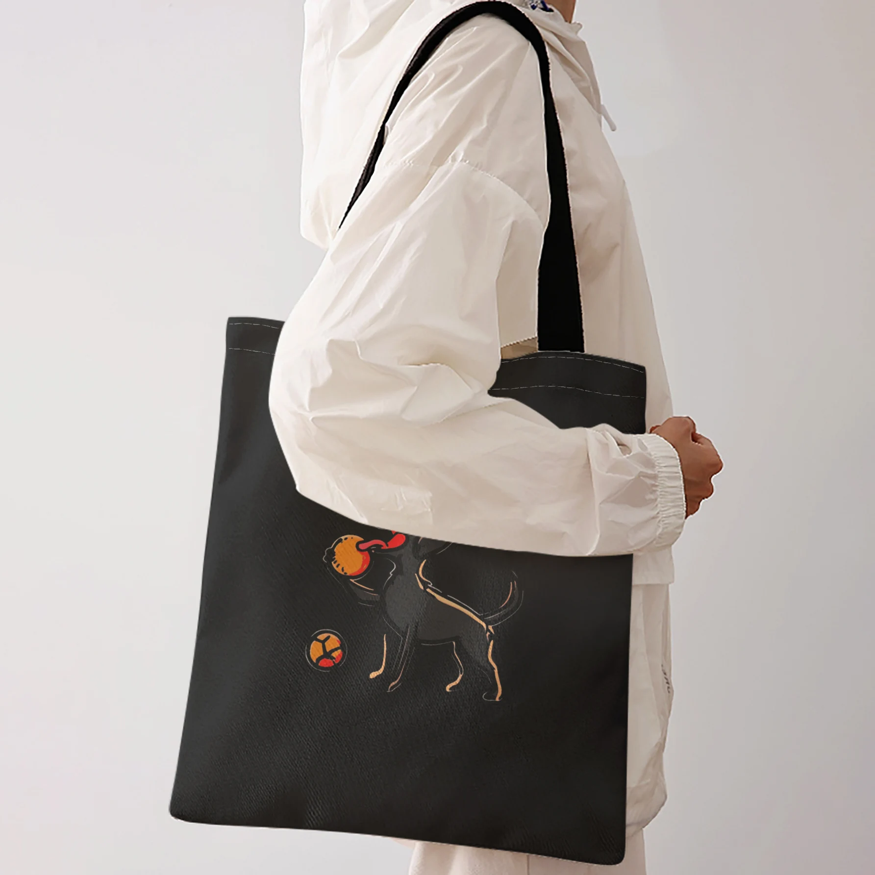Line Art Puppy Playing With Ball Print Tote Bag Large Capacity Shoulder Bag For Shopping Travel Daily Use
