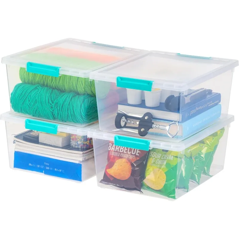 USA 6 Quart Large Clip Box, 4 Pack, Clear Plastic Storage Container Bins with Latching Lids, Organizing Container