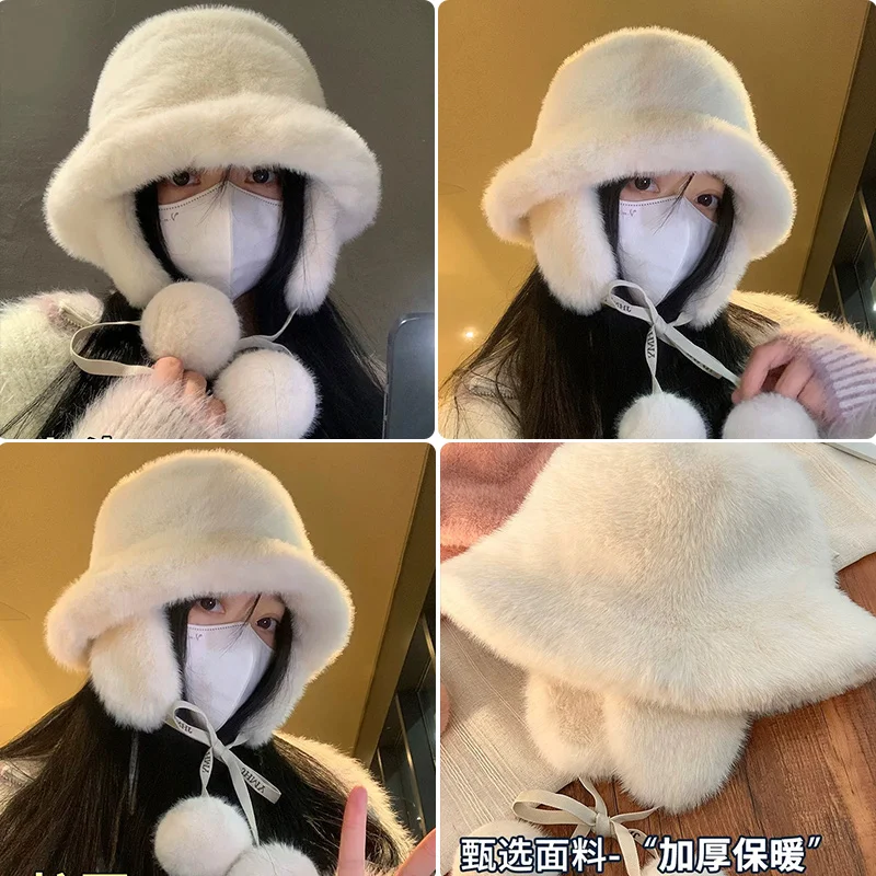 Women's Winter Ear Protection Hanging Ball Warm Plush Bucket Hat Showing Face Small Northeast Travel White Plush Bucket Hat