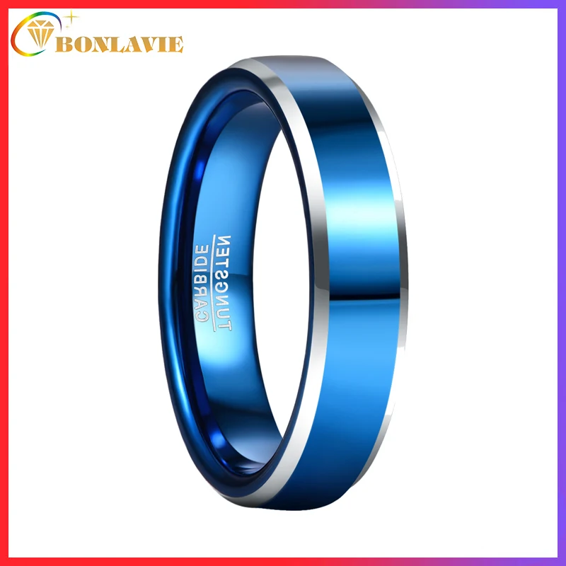 BONLAVIE Fashion Electroplating Blue Tungsten Rings Silver Color Chamfered Men Engagement Rings Bijoux De Luxe