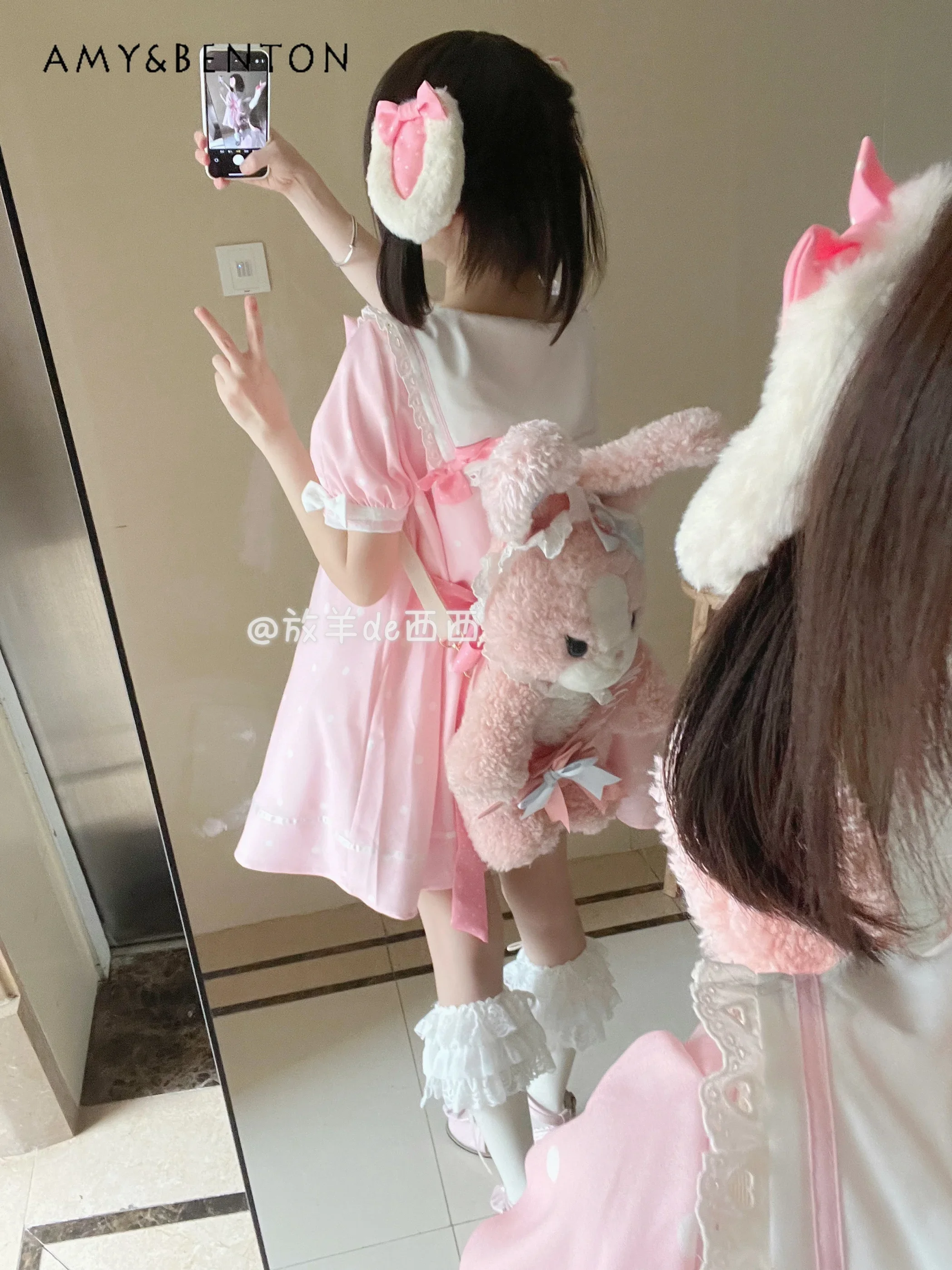 Japanese Sweet Daily Lolita Dresses Cute Bow Cartoon Embroidered Doll Collar Short Sleeve Slim Mini Dress Kawaii Summer Dress