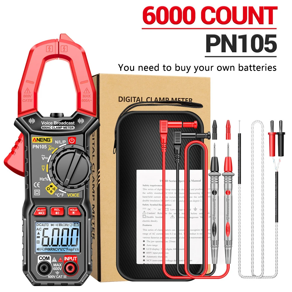 DC Digital Multimer PN105 DC Clamp Meter AC/DC Current Amp Meter 6000 Counts Current Volt Temp Capacitance Resistance Diodes