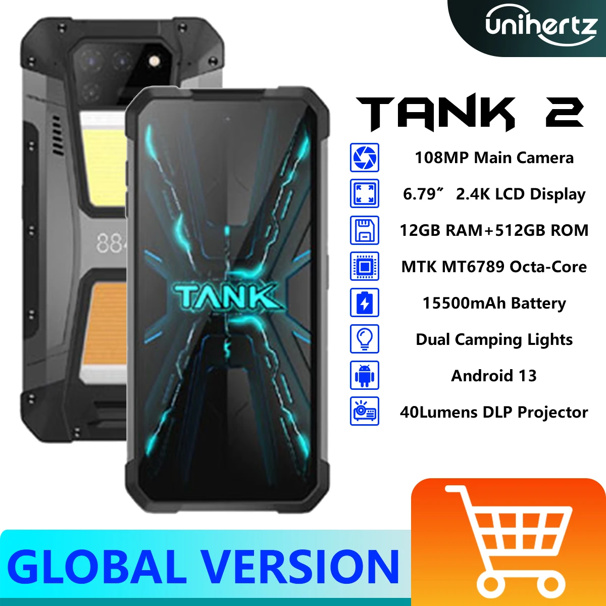 

Unihertz 8849 Tank 2 Projector Rugged Smartphone 64MP Night Vision Double Camping Light 15500mAh MTK Helio G99 15500mAh NFC