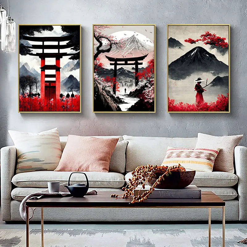 Japan Architectural Gate Warrior Blade Poster Canvas Printing Red And Black Watercolor Wall Art Pictures Room Home Decor Gifts