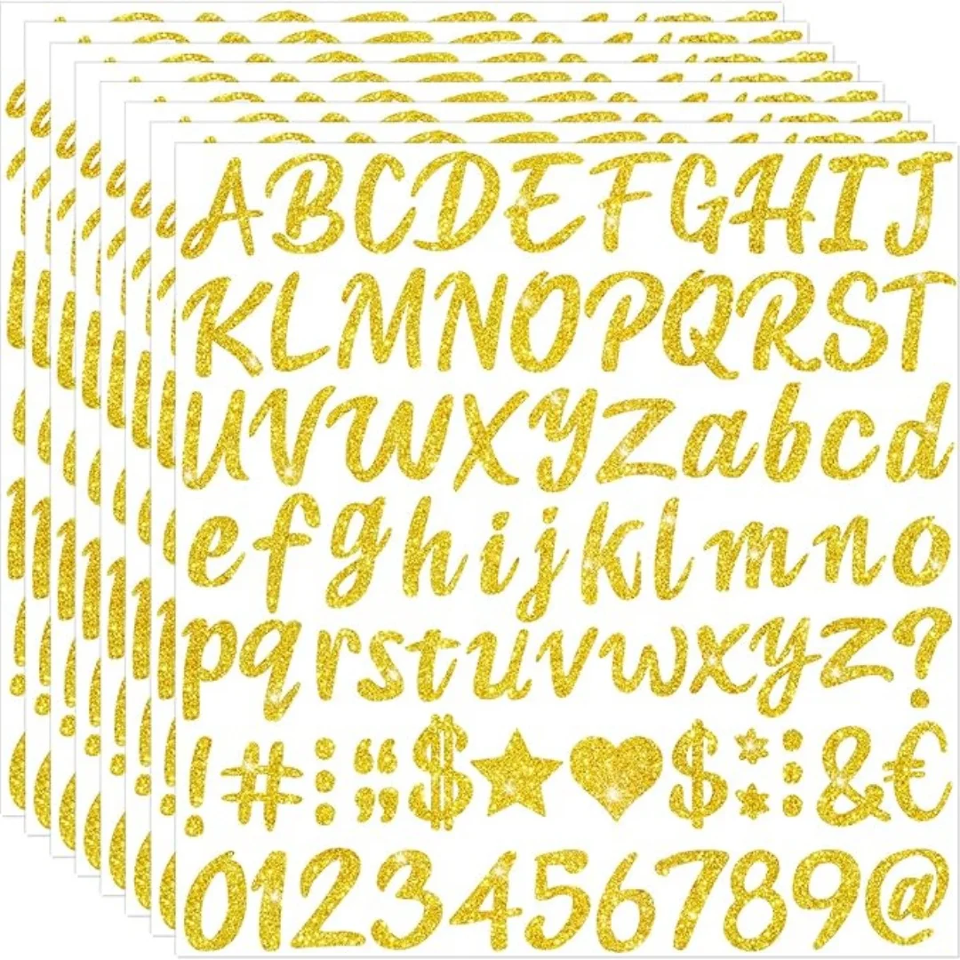 640 Pcs Silver Gold Letter Stickers Glitter Alphabet Stickers 8 Sheets Self-Adhesive A-Z Letters With Numbers Symbols Diy Decals