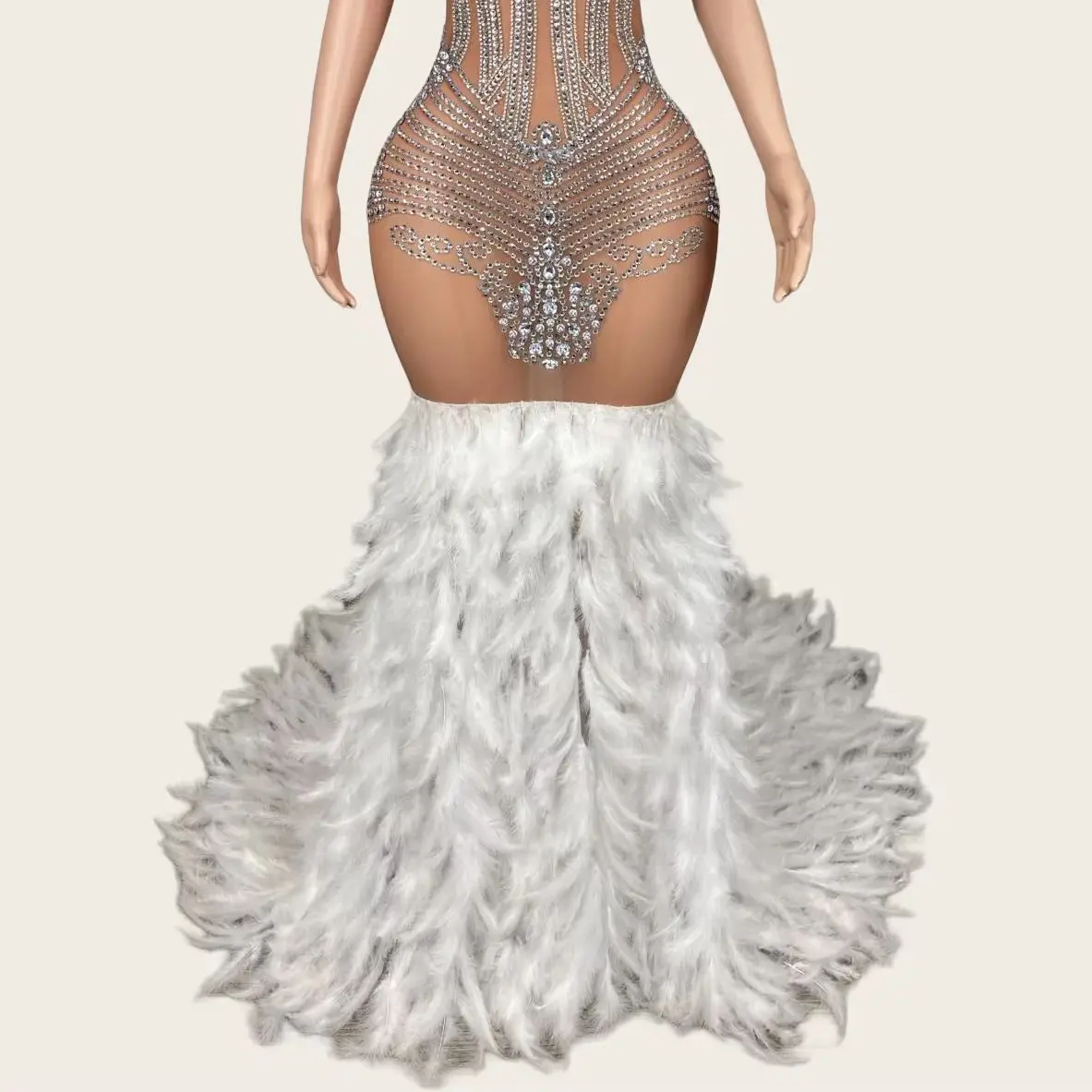 

Tengyun Elegant Rhinestones Pearls Feathers Gown Women Sexy Sheer Mesh Party Celebrate Wedding Evening Dress Photo Shoot Wear