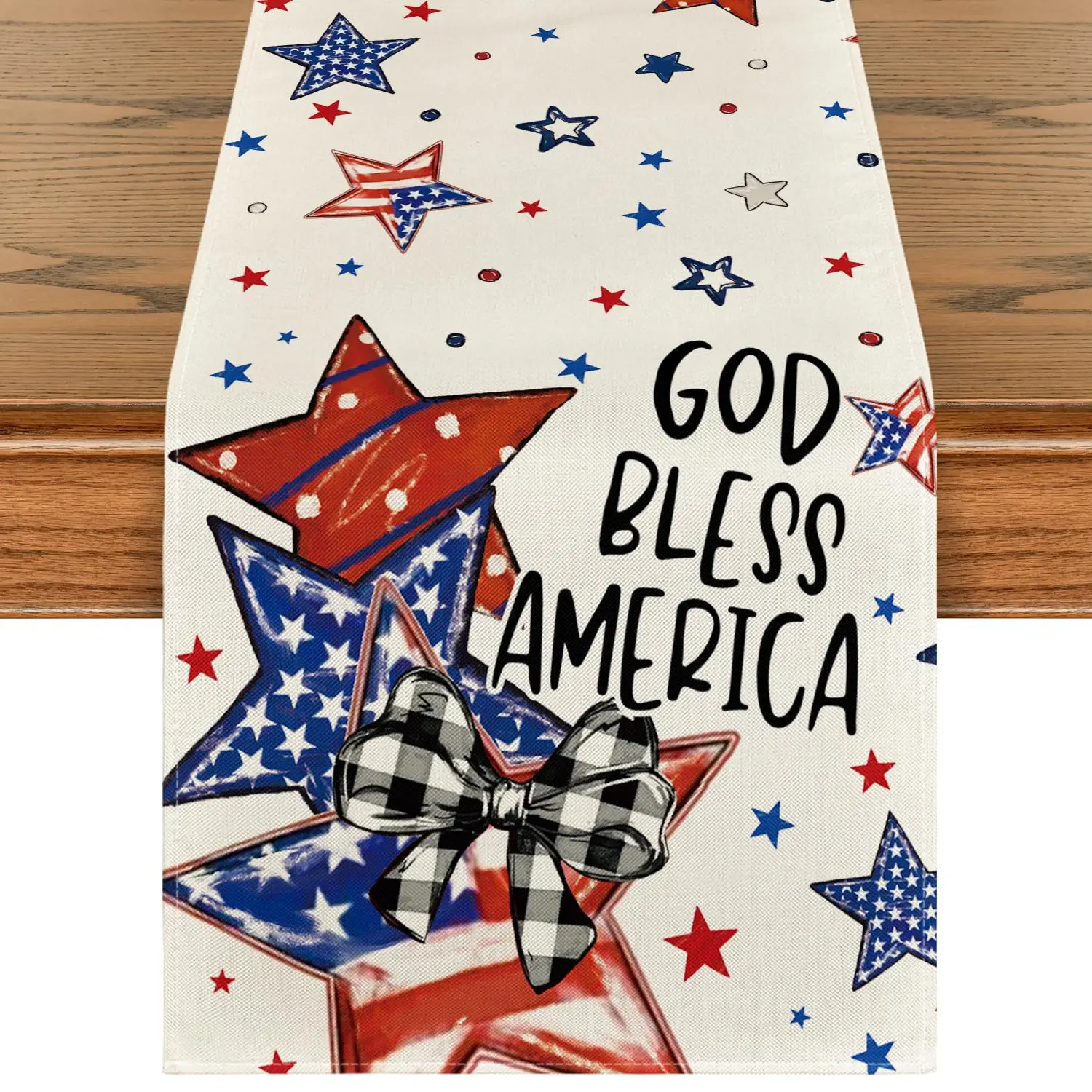God Bless America Stars Patriotic 4th of July Table Runner, Memorial Day Kitchen Dining Table Decoration for Home Party Decor