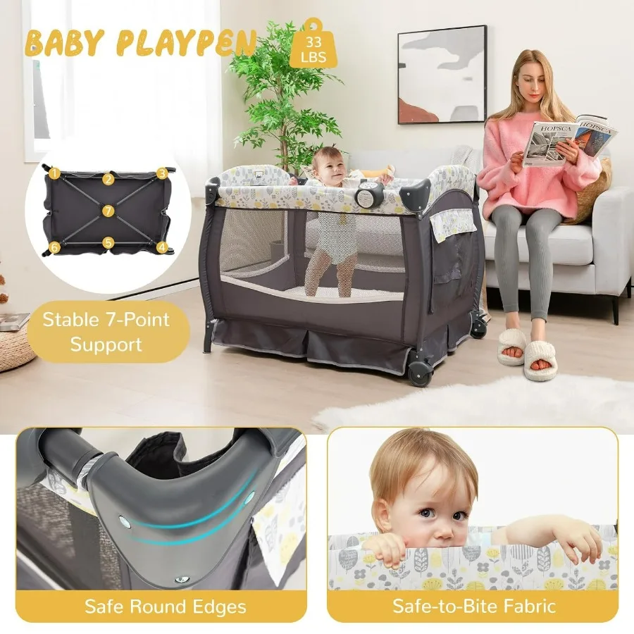Pack and Play, 4 in 1 Portable Baby Crib w/Bassinet, Changing Table, Canopy, Mattress, Music Box, Storage Bag, Foldable Pack and