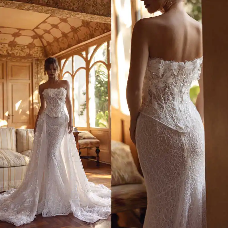 Elegantly Wedding Dresses Chiffon Embroider lace Full Appliques Mermaid Detachable Train Princess Dress Customized