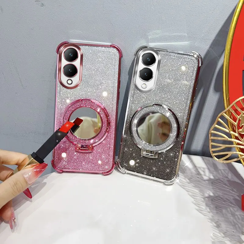 Glitzernde, stoßfeste Handyhülle mit vier Ecken, Spiegelständer und Perlenband für Vivo Y17S 4G Y28 5G Rückseitenhülle.