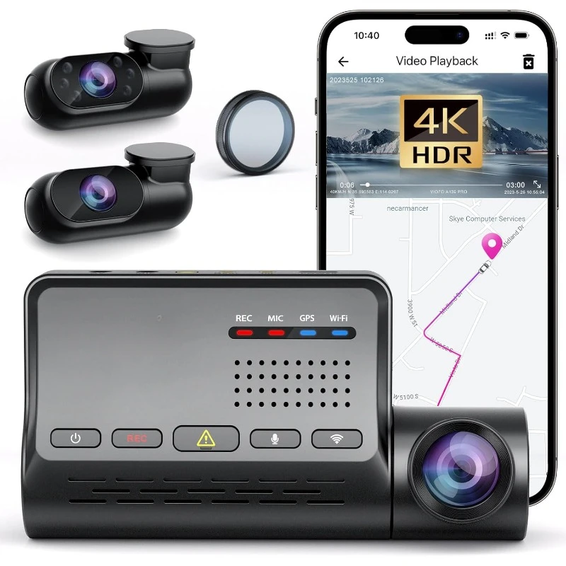 4K HDR Dash Cam Front Interior and Rear, STARVIS 2 IMX678 Sensor, HDR Night Vision, Ultra HD 4K + 1080P