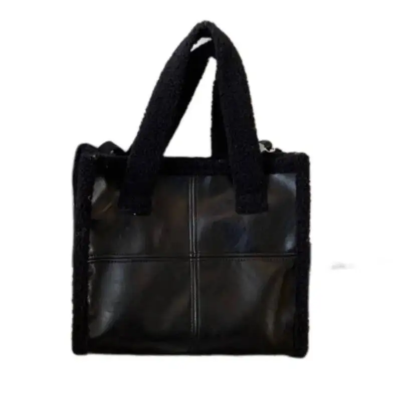 Retro Panel Faux Shearling Tote Women Plush Leather Large Capacity Shoulder Bags Ladies 2025 New Autumn Winter Crossbody Bag