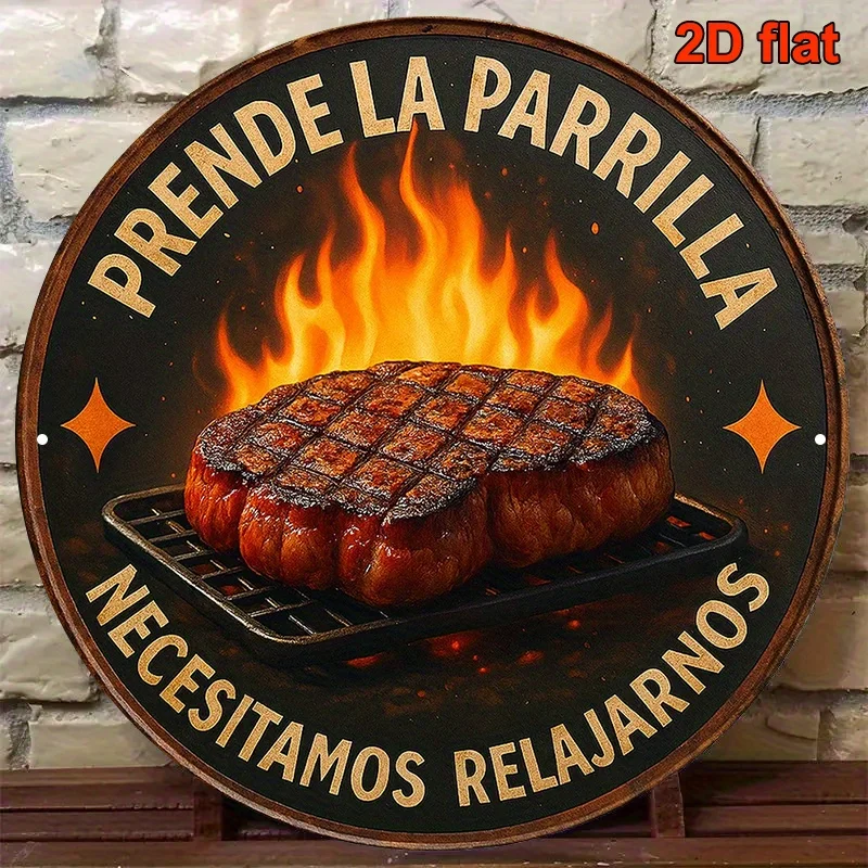 2D Flat, 1pc, 8x8 Inch Round Spanish Aluminum Sign, Vintage Decorative Plaque for "Asado" (Spanish Barbecue), Suitable for Decor image 2