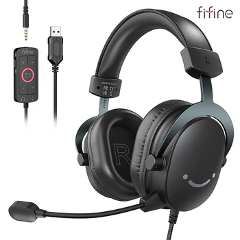 FIFINE 헤드셋, 3.5mm 잭 및 USB 헤드폰, 7.1 서라운드 사운드, 볼륨 제어, 음소거 스위치, PC, MAC, PS4, PS5 Mixer-H9