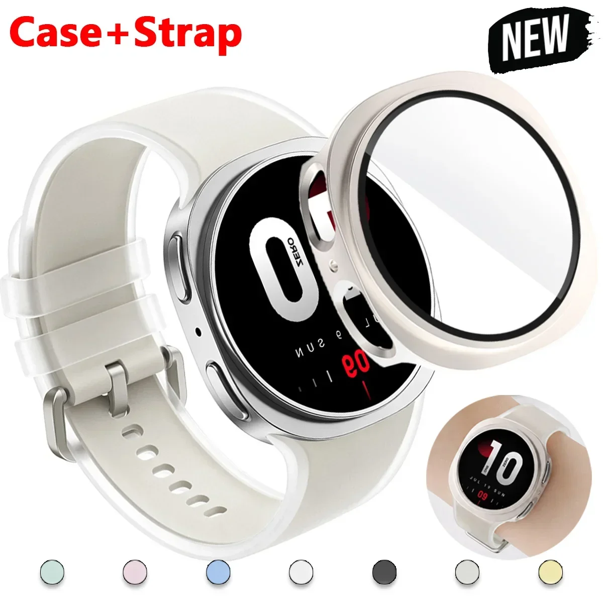 2-in-1-Schutzhülle + Armband für Samsung Galaxy Watch 8 9 40 mm 44 mm, Displayschutz aus Glas/hohler Schutzrahmen, Sport-Silikonarmband für Galaxy Watch 9/8 – Detail 1
