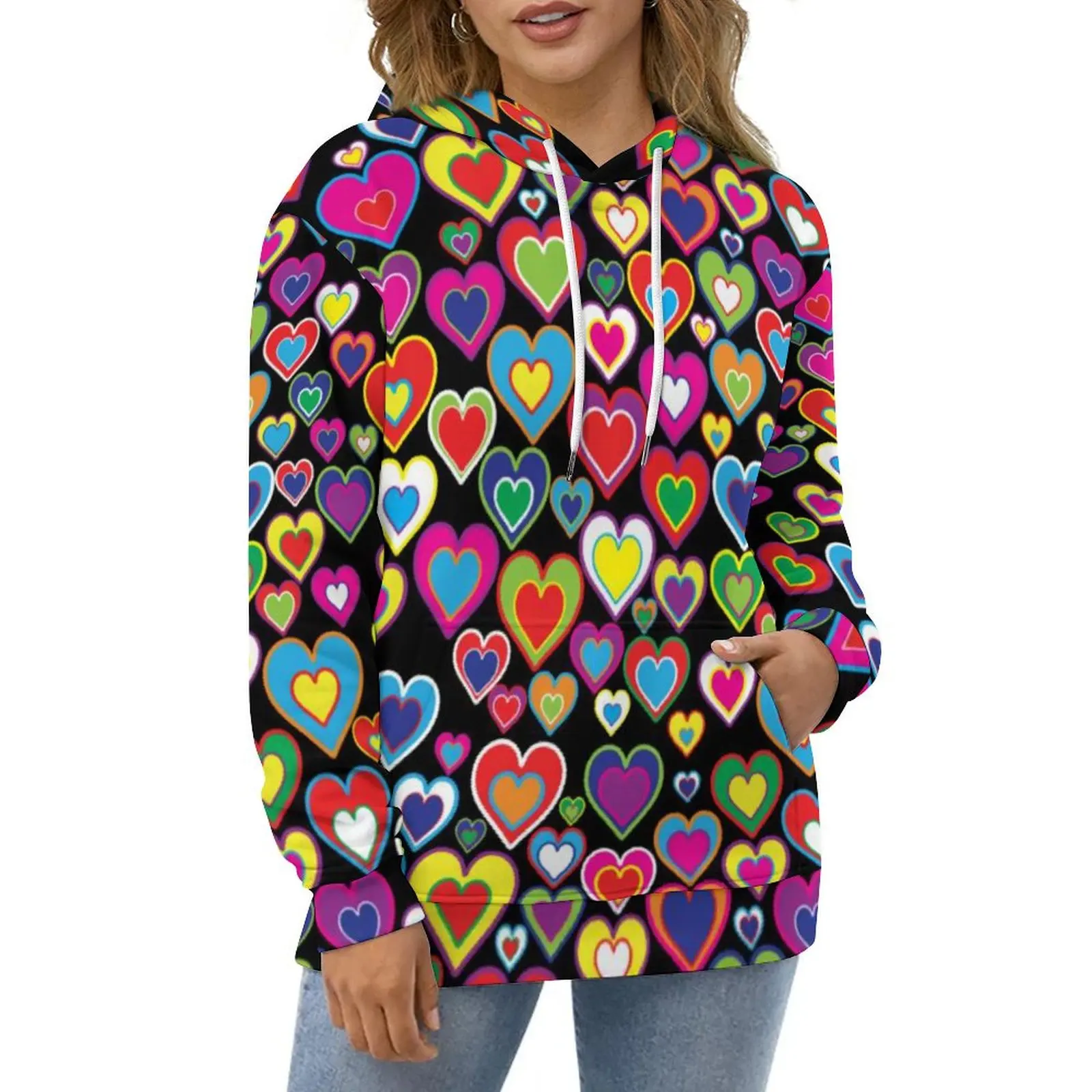 

Rainbow of Hearts Casual Hoodies Fun Vibrant Art Print Y2k Hoodie Female Long Sleeve Fashion Custom Loose Oversized Clothing