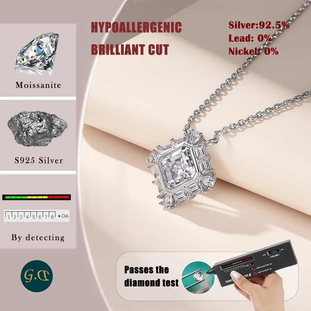 

1.4 CTW Moissanite Necklace 925 Sterling Silver Gold Square Pendant for Women Geometric Charm Adjustable Jewelry Gift