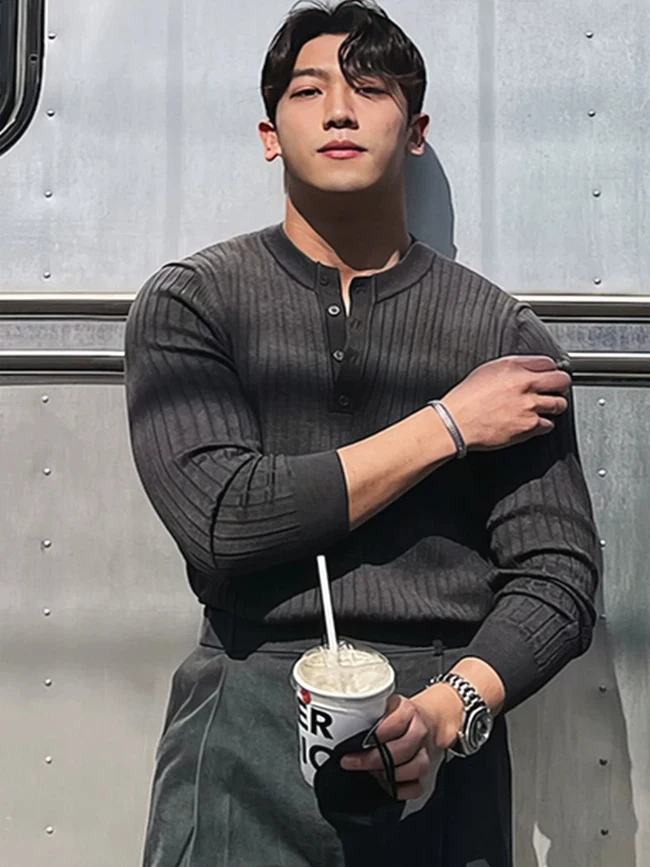 

Мужской трикотажный свитер-хенли из шерсти, облегающий, повседневный, удобный, дышащий, однотонный