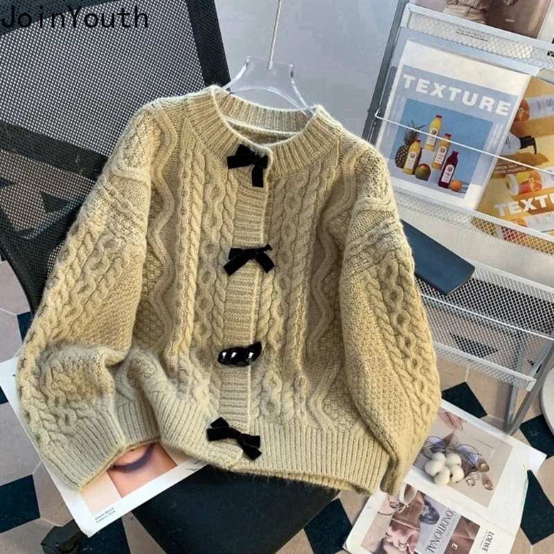 Korean Cardigan Jackets Fall Winter Women Clothing Sueter Mujer Fashion Sweet Knitted Bow Sweet Sweater Tops Vintage Pull Femme