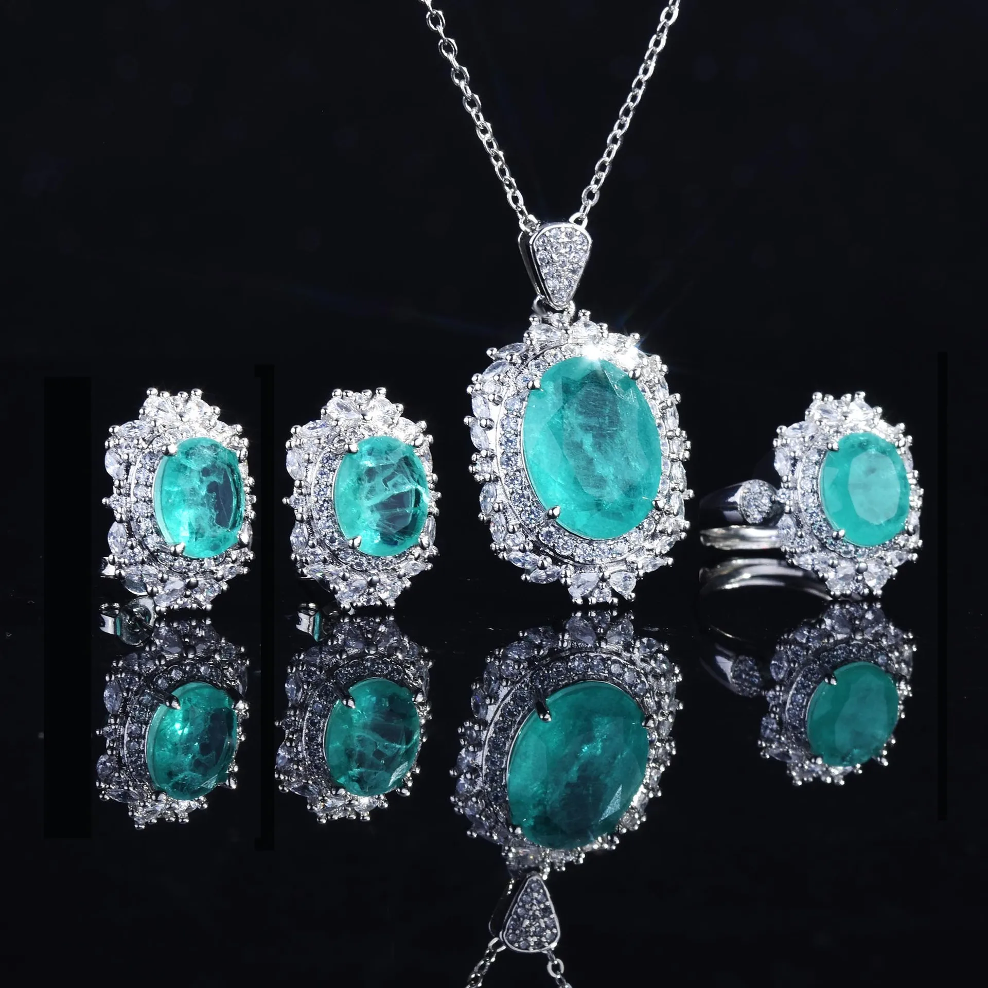 S925 Sterling Silver Ring, Stud Earrings, Necklace, Women's Luxury Micro-Set High Carbon Diamond Colored Treasure Set
