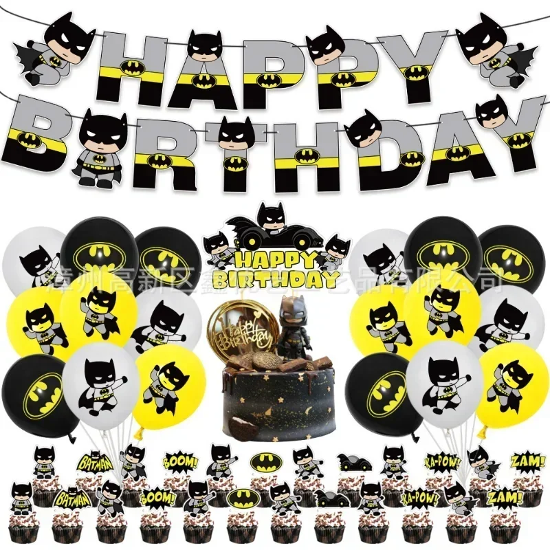 1set Batman themed party decoration cake pulling flag inserting balloon suit scene Birthday Banner Decoration batman mask cos