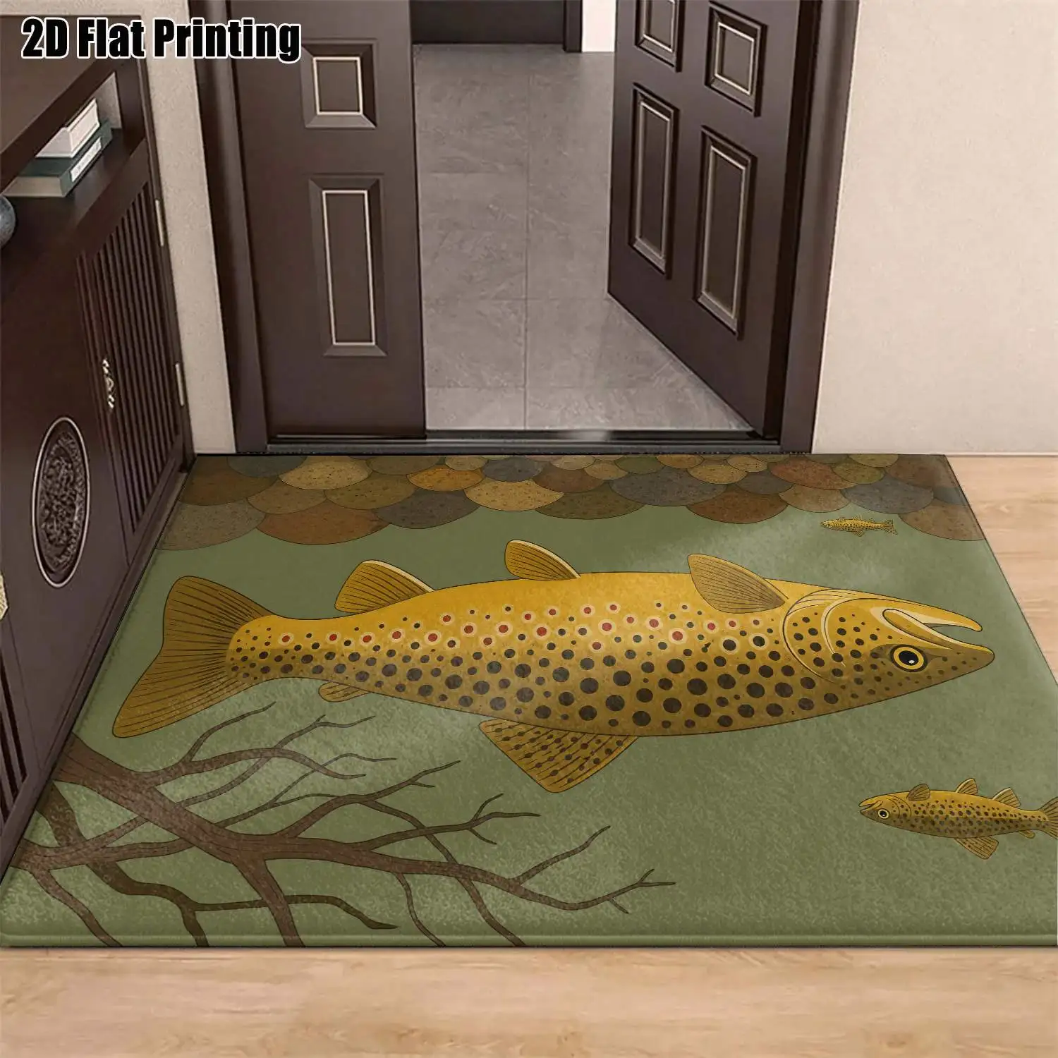 1Pc 2D Printed Carpet: Yellow-Green Fish Pattern, Nordic/Modern Minimalist/Instagram Style, Machine Washable, Multi-Size, Home Decor, Suitable for Entrance, Living Room, Bedroom, Dining Room, Foyer