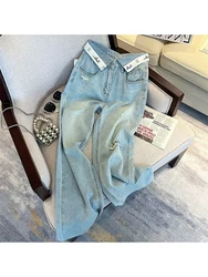 Summer Women American Vintage Baggy Low Rise Hole Jean Y2k Japanese Streetwear Denim Pants Long Trousers 2000s Grunge Punk Tide