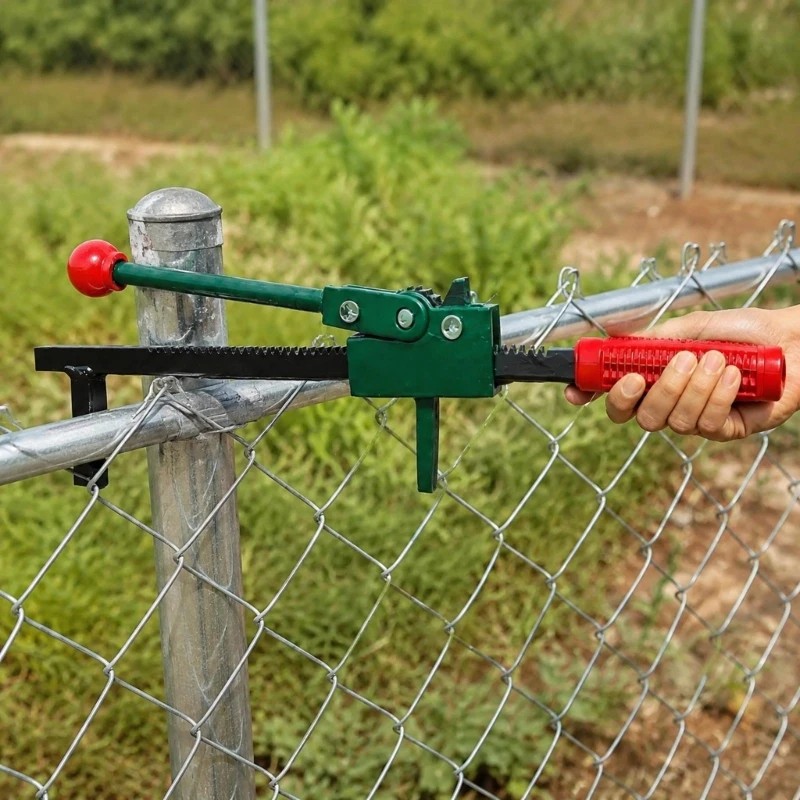 Steel Fence Tensioner with Stepwise Gear Mechanism, Angled Support Base and Grooved Hook for Barbed-Wire and Interlaced M4YD