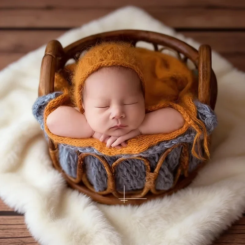 Vintage Rattan Newborn Photography Props Handmade Baby Basket Decor Bed Infant Photo Backdrop Baby Photo Shoot Studio Supplies