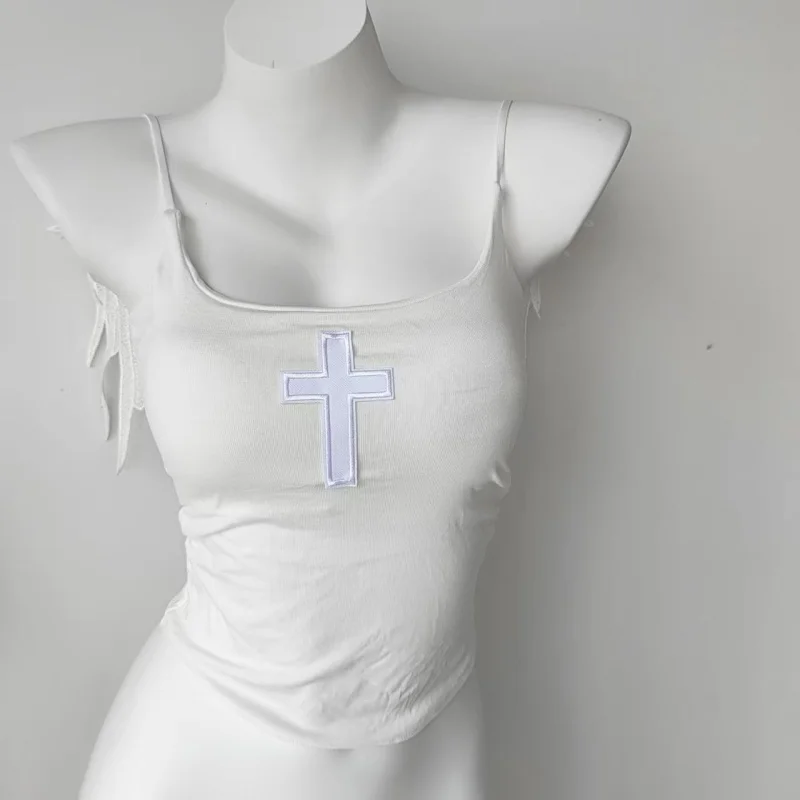 Harajuku Y2K 2000s Gothic Cross Embroidery Angel Wings Backless Camisole Women Clothing Summer Sexy Girl Spaghetti Strap Tops