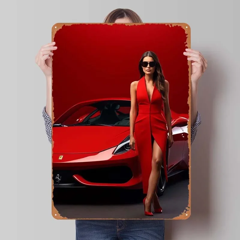 Lady in Red Ferrari Car Sign Wall Art Decor Vintage Metal Tin Sign Plaques for Garage Pub Club Wall Decoration Retro Coffee Bar