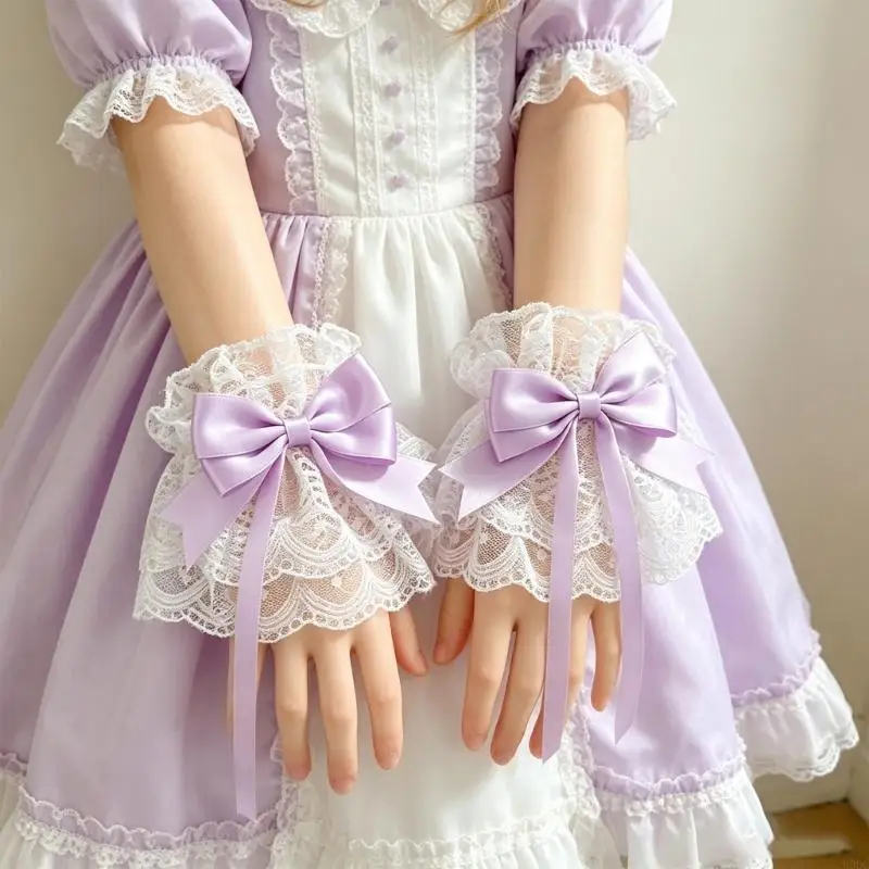 Maid Costume Wrist Cuffs for Women Lace Ruffle Pair with Satined Bowknot Elastic for Gothic Tea Party Cosplay Wear Y166