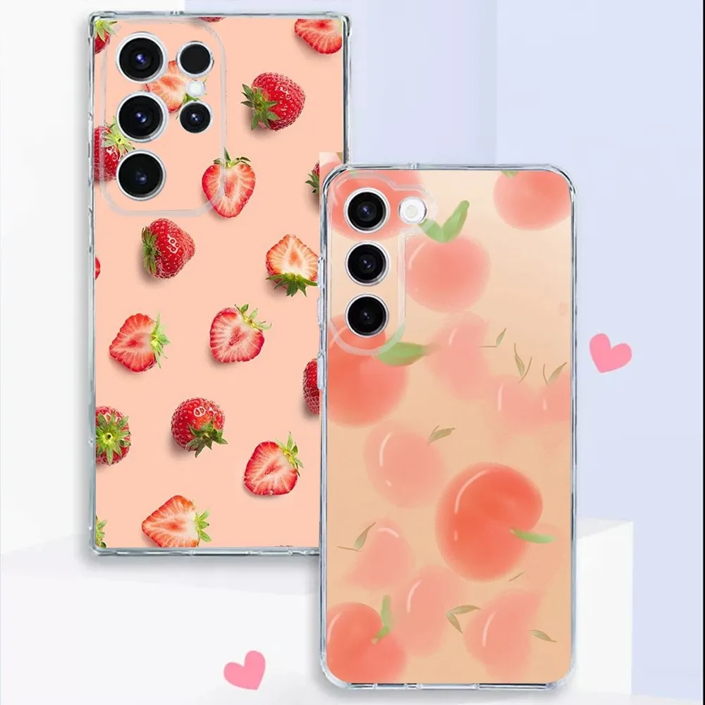 Peach strawberry  Phone Case For Samsung S24,22,20,21 FE Ultra ,23,10,10E,S8,Plus Transparent Phone Shell