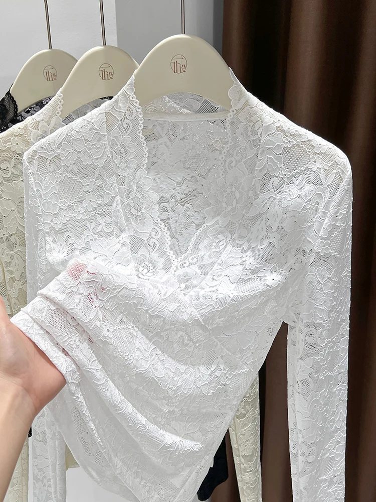 

Elegant White Lace V-Neck Base Shirt Thin Design Sensation Top for Women Stylish Commute Style Korean Version Slim Fit Long S...