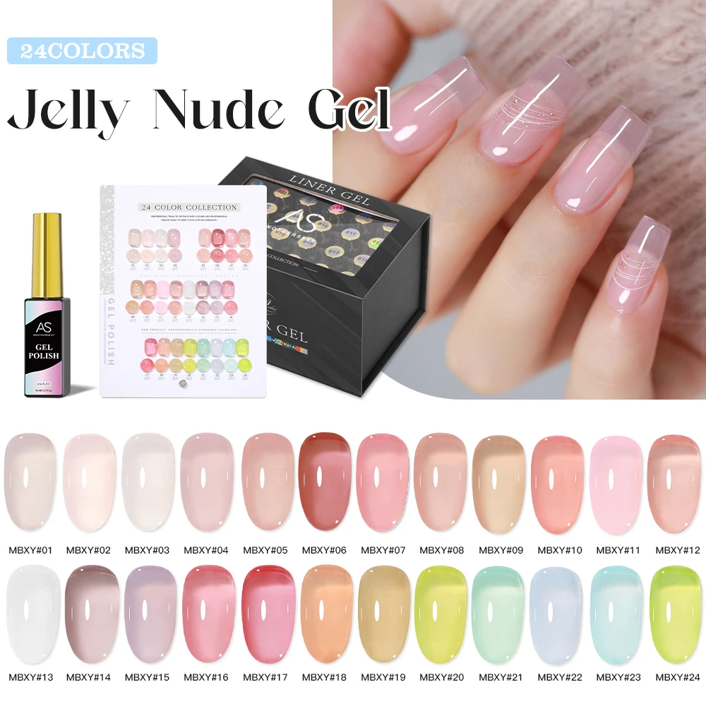 

AS 24 шт. Набор гель-лаков для ногтей Jelly Color HEMA FREE Nude Pink Полуперманентный 8 мл Soak Off UV LED Лак для ногтей Блестящий гель-лак