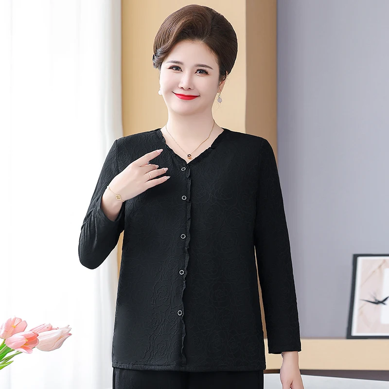 เสื้อยืดแขนยาวทรงหลวมสำหรับผู้หญิงวัยกลางอายุ ไซส์ใหญ่ รุ่นใหม่ ฤดูใบไม้ผลิ/ฤดูใบไม้ร่วง เสื้อผ้าแฟชั่นผู้หญิง