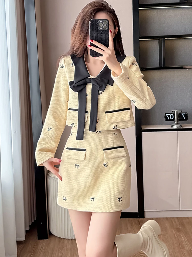 

Маленький аромат, комплект из 2 предметов, женский милый желтый твид с бантом, короткая куртка с длинными рукавами, пальто + мини-юбки, осенние элегантные наряды