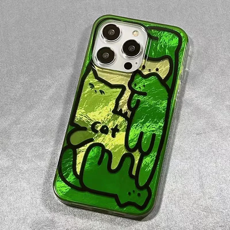 Cartoon Fun Green Line Cat Phone Case for IPhone 16 15 14 13 12 11 Pro Max XS XR X SE 7 8 Plus Lovely Animal Pattern Back Cover