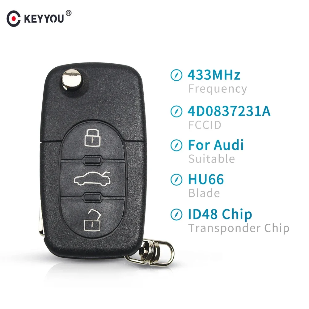 KEYYOU – télécommande de voiture 433Mhz à 3 boutons pour AUDI 4D0 837 231 A Flip Fold ID48 Chip pour A3 A4 A6 A8 anciens modèles 1999-2002