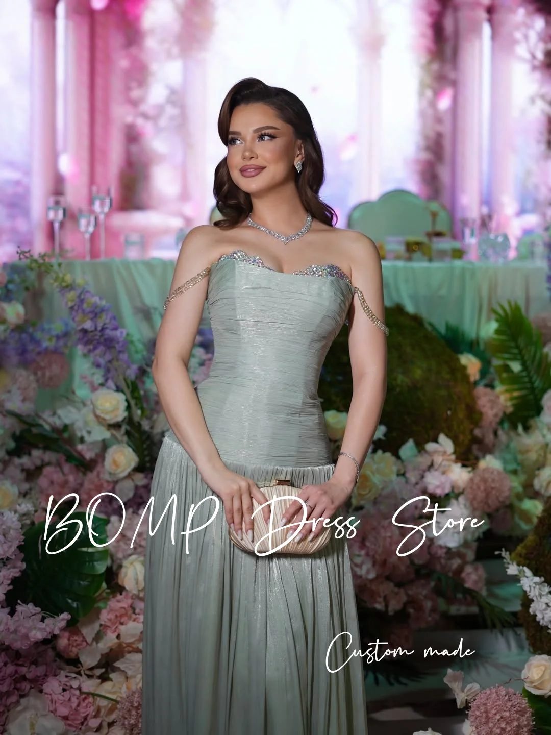 BOMP Sparkly Saliegroene Avondjurk Sweetheart Kleurrijke Kristallen A-lijn Amerikaanse Vrouw Prom Gown Bruiloft Jurken Aangepast