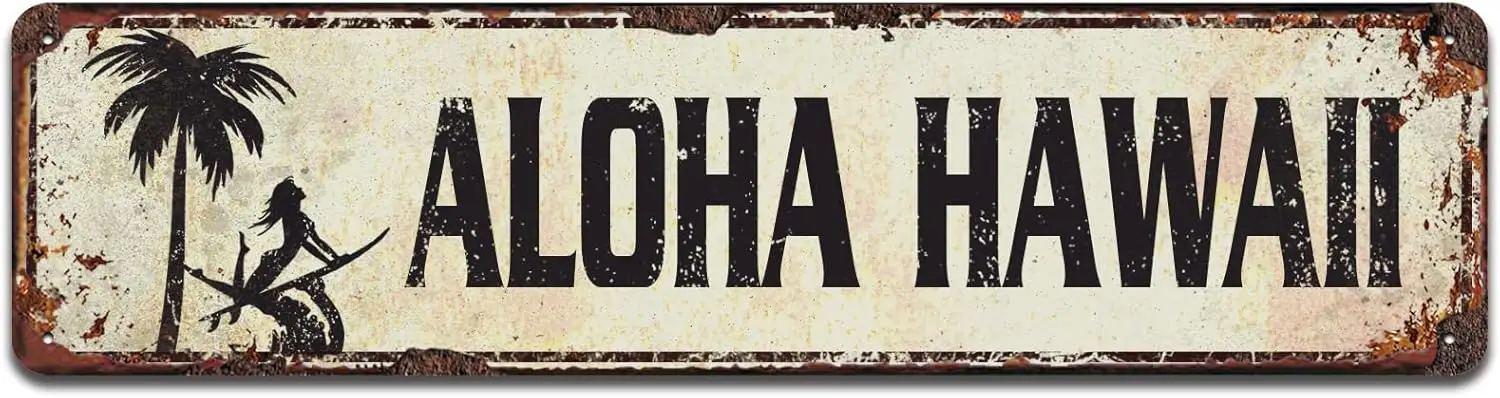 Алоха Гавайи с гавайским серфиром Девушка Настенный декор, пляжная жестяная вывеска, прибрежный декор, пляжная жизнь, новые металлические вывески 4x16 дюймов