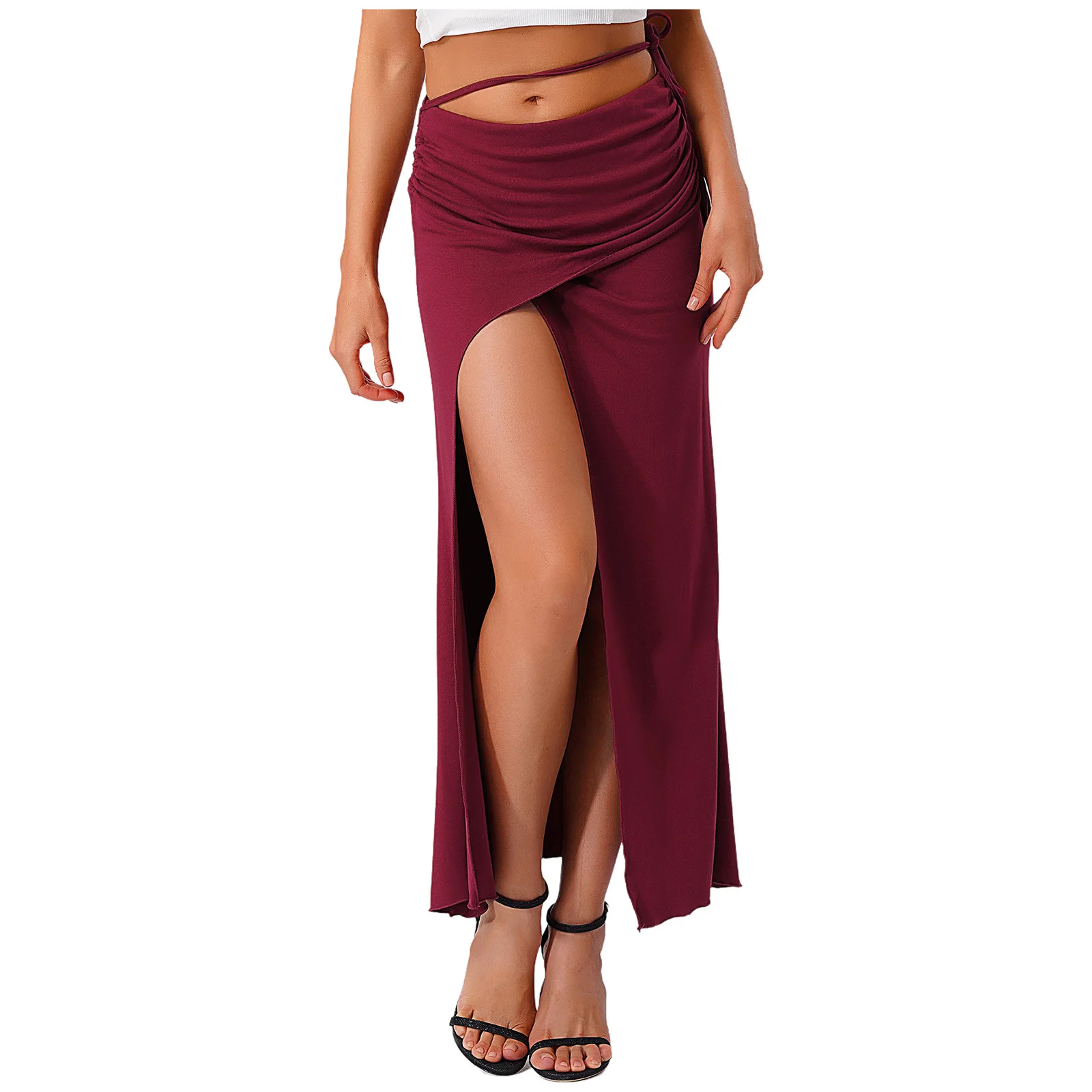 Womens 섹시 밸리 댄스 맥시 스커트 댄스 클래스 퍼포먼스 댄스웨어 비치웨어 슬릿 안전 반바지 Ruched Bodycon 스커트 의류