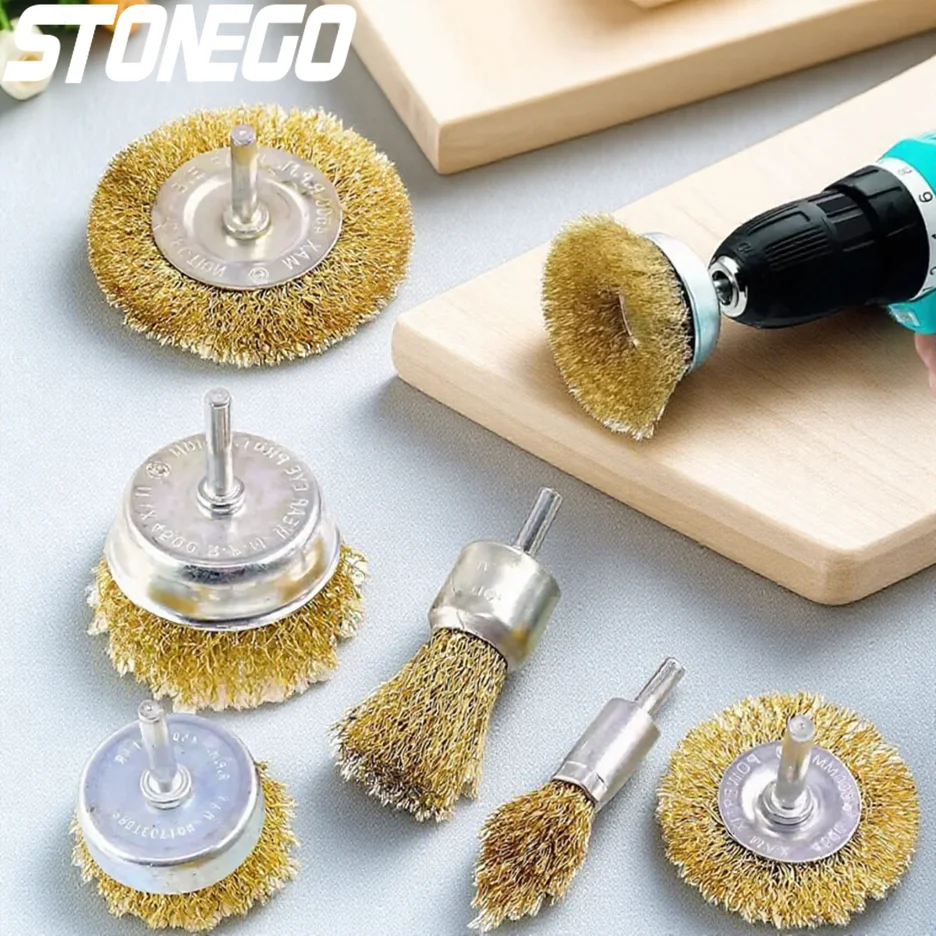 

Набор проволочных щеток STONEGO, 6 шт., шлифовальный круг с валом для удаления ржавчины, полировальная щетка для электрической шлифовальной машины, дрели