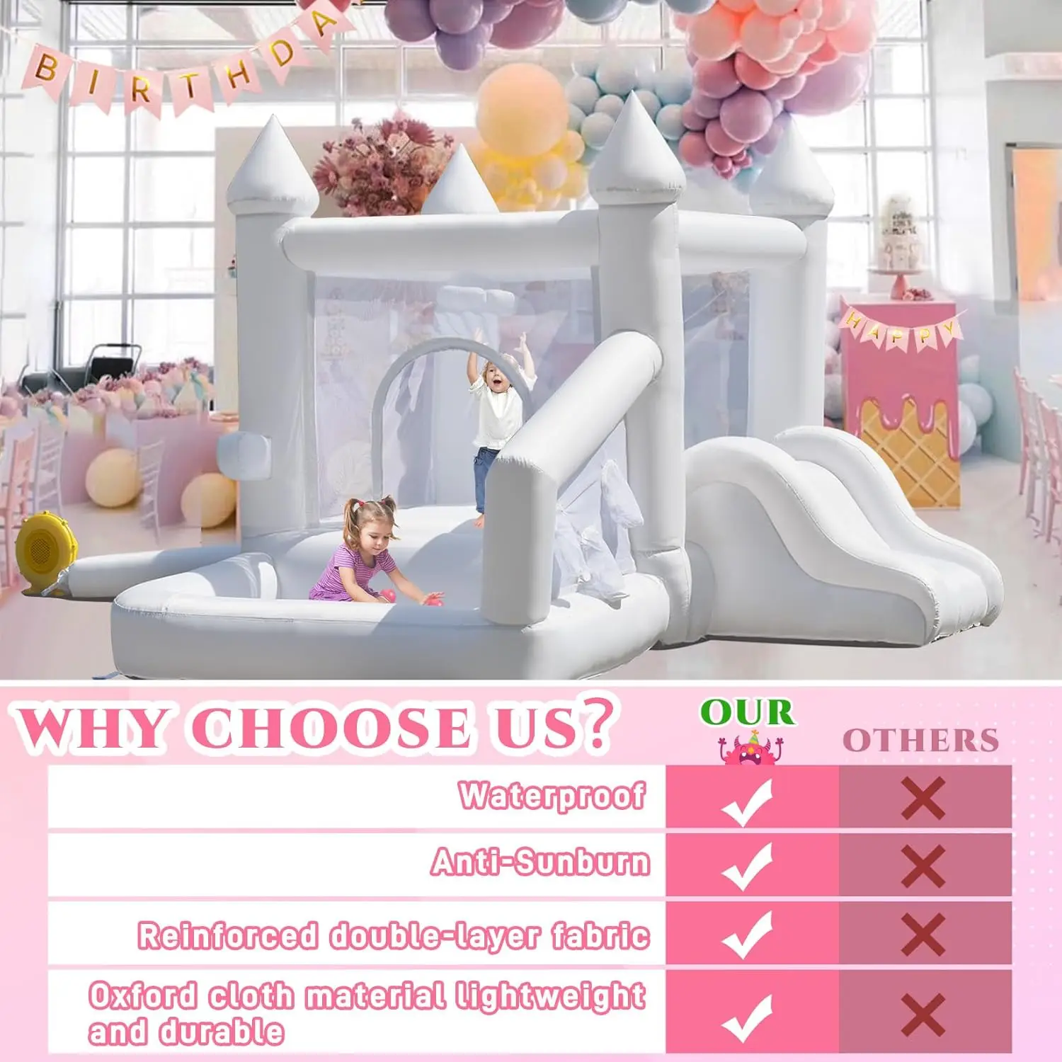 Wit springhuis, opblaasbaar springhuis voor binnen voor kinderen van 3-12 met ballenbak en glijbaan, buiten springkasteel voor verjaardagsfeestje W