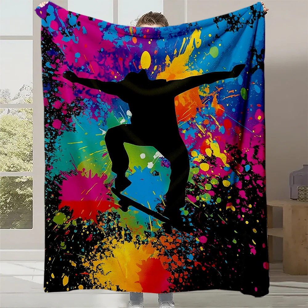 1pc Skateboarder Print Blanket - Heavy-Duty Quilted Plush Bedspread with Graffiti Skateboarding Design, All-Season Soft Warm Bed