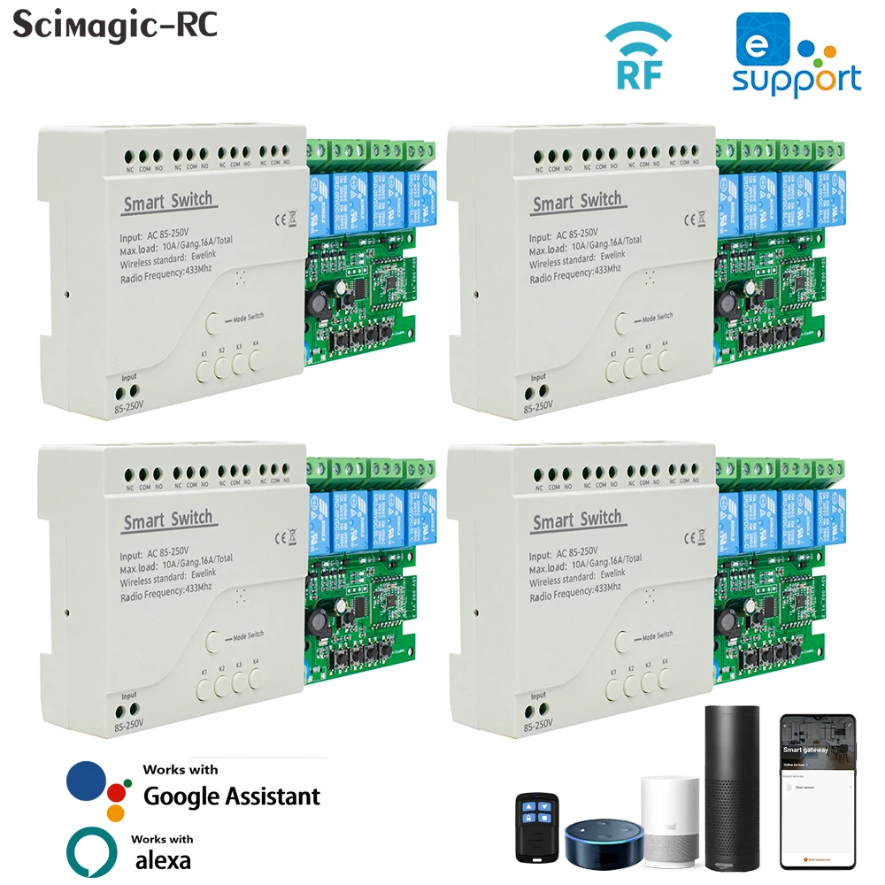 

1-5pcs eWeLink 4 Way WiFi Relay Module 12V 24V 110V 220V, 4-Channel Smart Remote Control Switch Motor Light Lamp Receiver Alexa
