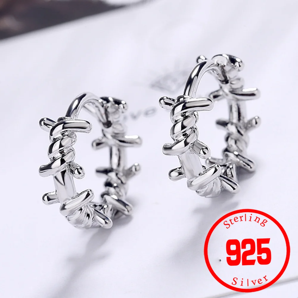 Real Stamp 925 Sterling Silver Hoop Earring Barbed Wire Ear Cuff Clip On Earrings Wedding Party Gift For Women Girl Teen Jewelry