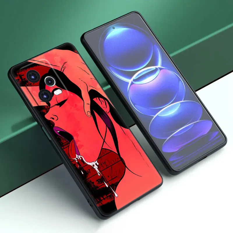 Sexy lady Red lips Girls Bikini Cartoon Cover Black Case For Xiaomi Mi POCO X6 Pro F5 M6 X5 X4 Pro X3 NFC M5 M4 M3 F2 Pro F4 GT