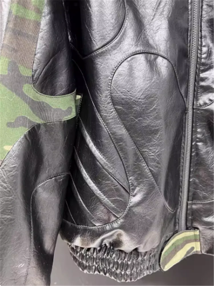 Motorcycle racing wear black PU short leather coat 2025 spring and autumn camouflage handsome motorcycle jacket leather