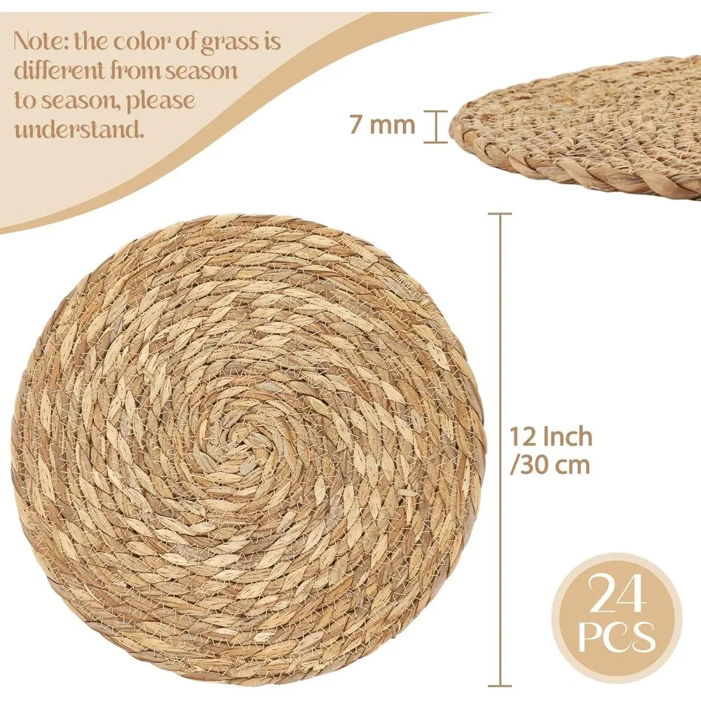 12-Inch Natural Woven Rattan Placemats, Set of 24, Boho Style for Rustic Farmhouse Dining & Kitchen Decor